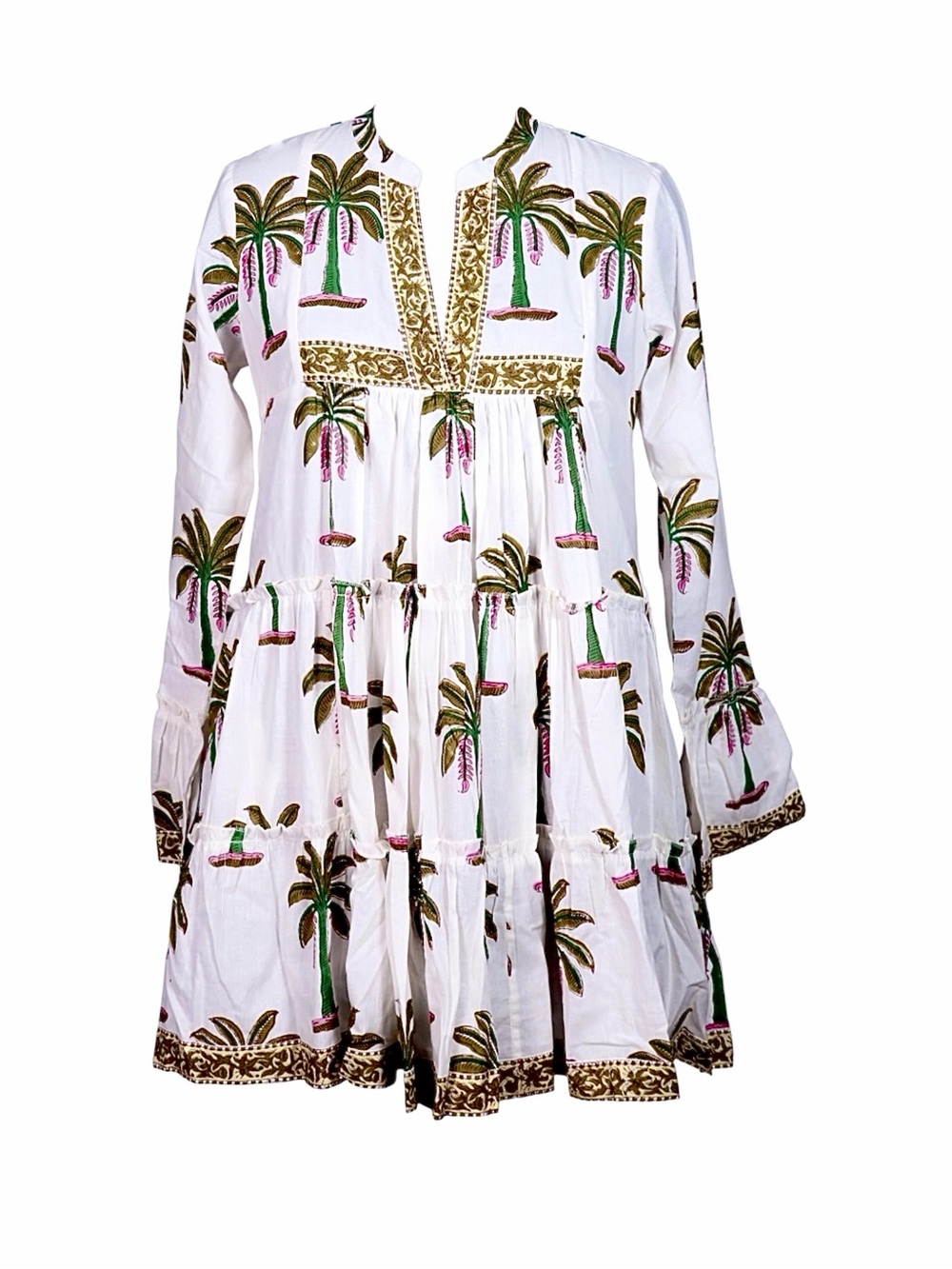 NWT – Tiana Designs – Palm Tree Block Print Tiered Mini Dress White Pink – Sz. L